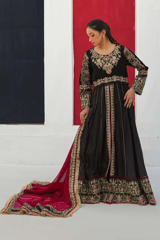 Black embroidered 3-piece Pakistani suit featuring a Bana Dora maxi with Malai lining, straight Bana Dora trousers and a chiffon dupatta