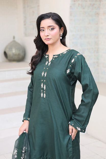 Bottle green embroidered 3-piece Pakistani suit featuring a short Russian silk shirt with full lining, matching Russian silk palazzo trousers, and a Khaddi Net dupatta.