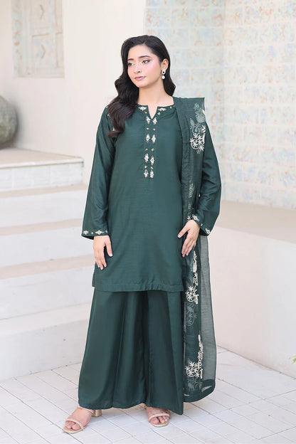 Bottle green embroidered 3-piece Pakistani suit featuring a short Russian silk shirt with full lining, matching Russian silk palazzo trousers, and a Khaddi Net dupatta.