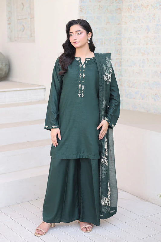 Bottle green embroidered 3-piece Pakistani suit featuring a short Russian silk shirt with full lining, matching Russian silk palazzo trousers, and a Khaddi Net dupatta.