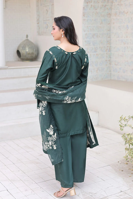Bottle green embroidered 3-piece Pakistani suit featuring a short Russian silk shirt with full lining, matching Russian silk palazzo trousers, and a Khaddi Net dupatta.