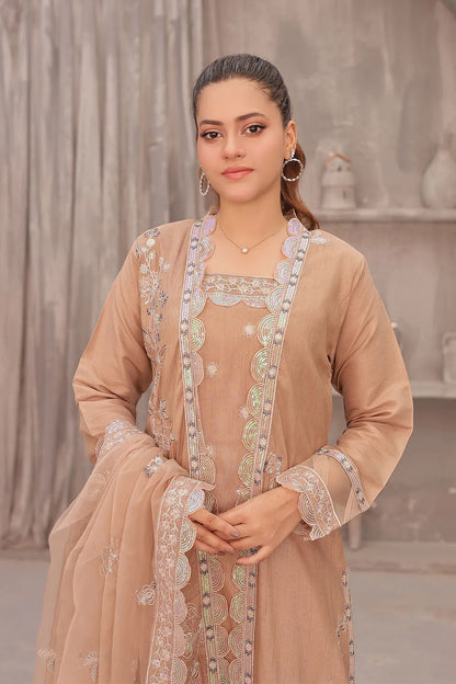 Coral pink embroidered 4-piece Pakistani suit featuring an open-style raw silk long shrug, straight-cut raw silk kurta with an embroidered neckline, raw silk palazzo with embroidered bottoms, and an embroidered organza dupatta.