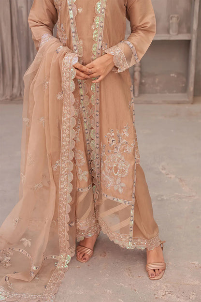 Coral pink embroidered 4-piece Pakistani suit featuring an open-style raw silk long shrug, straight-cut raw silk kurta with an embroidered neckline, raw silk palazzo with embroidered bottoms, and an embroidered organza dupatta.