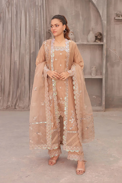 Coral pink embroidered 4-piece Pakistani suit featuring an open-style raw silk long shrug, straight-cut raw silk kurta with an embroidered neckline, raw silk palazzo with embroidered bottoms, and an embroidered organza dupatta.