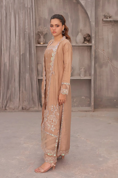 Coral pink embroidered 4-piece Pakistani suit featuring an open-style raw silk long shrug, straight-cut raw silk kurta with an embroidered neckline, raw silk palazzo with embroidered bottoms, and an embroidered organza dupatta.