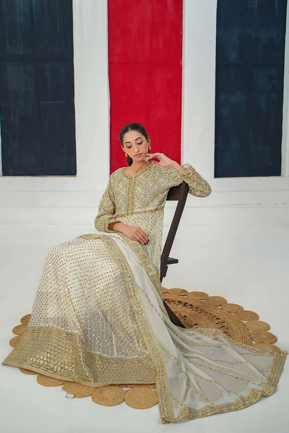 Cream embroidered 3-piece Pakistani suit with chiffon frock, full Malai lining, straight crepe trousers and chiffon dupatta