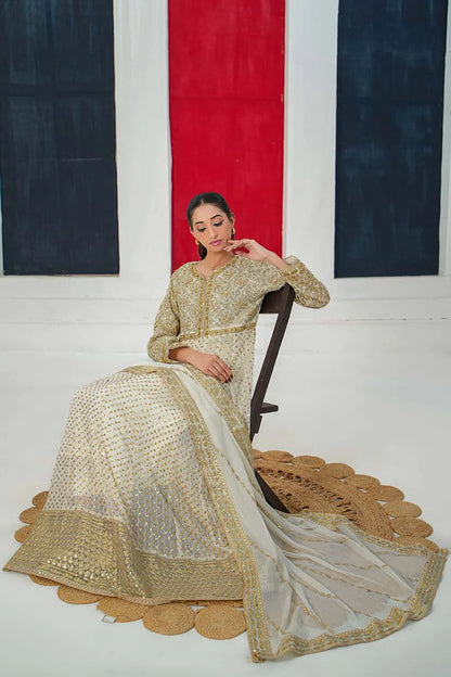 Cream embroidered 3-piece Pakistani suit with chiffon frock, full Malai lining, straight crepe trousers and chiffon dupatta