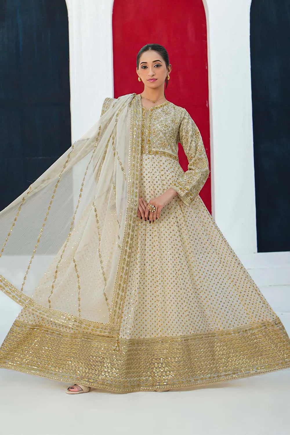 Cream embroidered 3-piece Pakistani suit with chiffon frock, full Malai lining, straight crepe trousers and chiffon dupatta