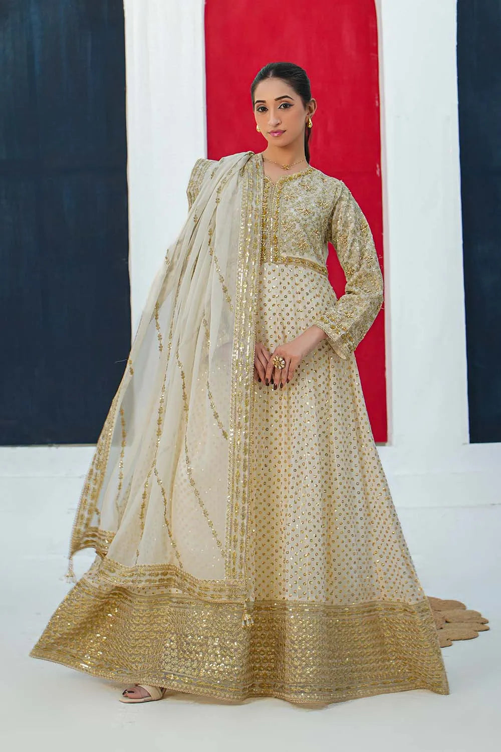 Cream embroidered 3-piece Pakistani suit with chiffon frock, full Malai lining, straight crepe trousers and chiffon dupatta