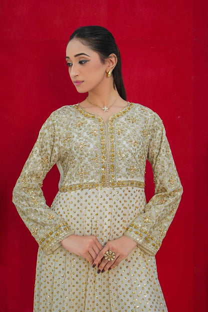 Cream embroidered 3-piece Pakistani suit with chiffon frock, full Malai lining, straight crepe trousers and chiffon dupatta