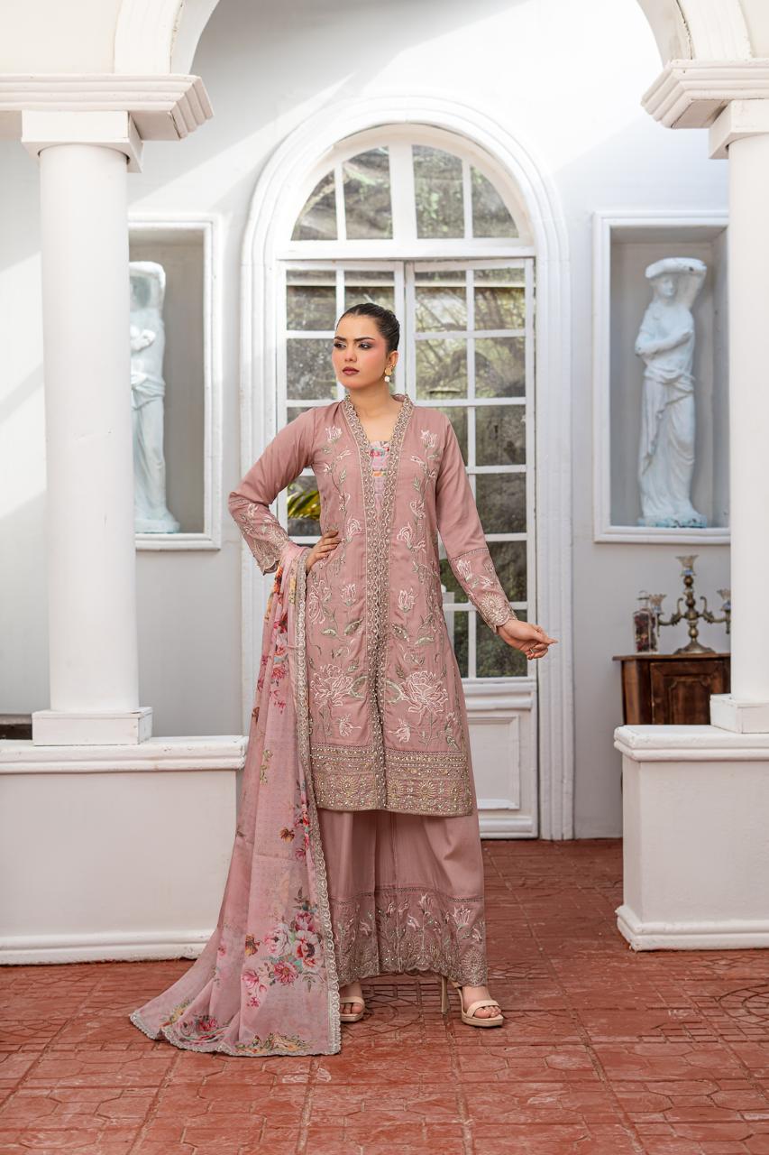 Dusty Rose | Russian Silk | Embroidered | 3-Piece Suit