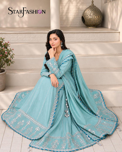 Sky Blue 3-peice Embroidered Frock+Dupputa