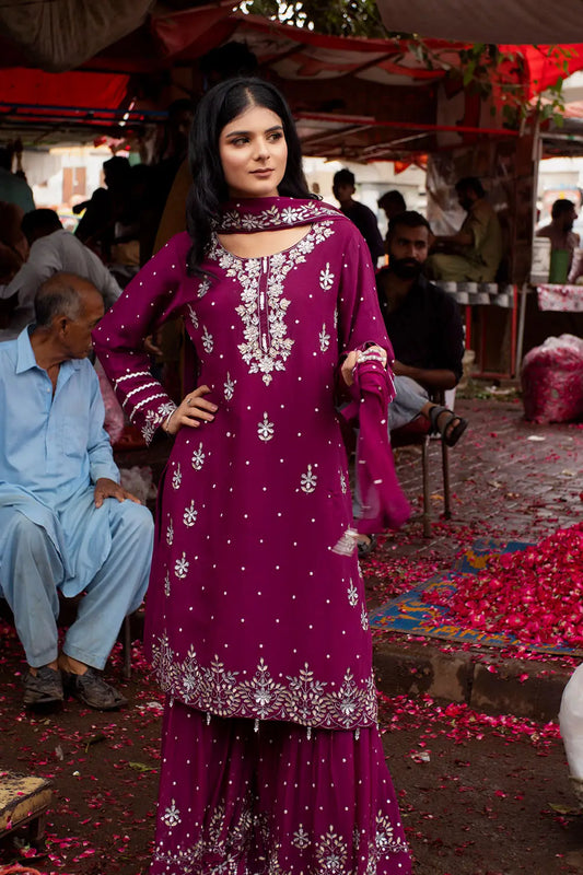 Deep Purple Embroidered Chiffon Gharara Suit