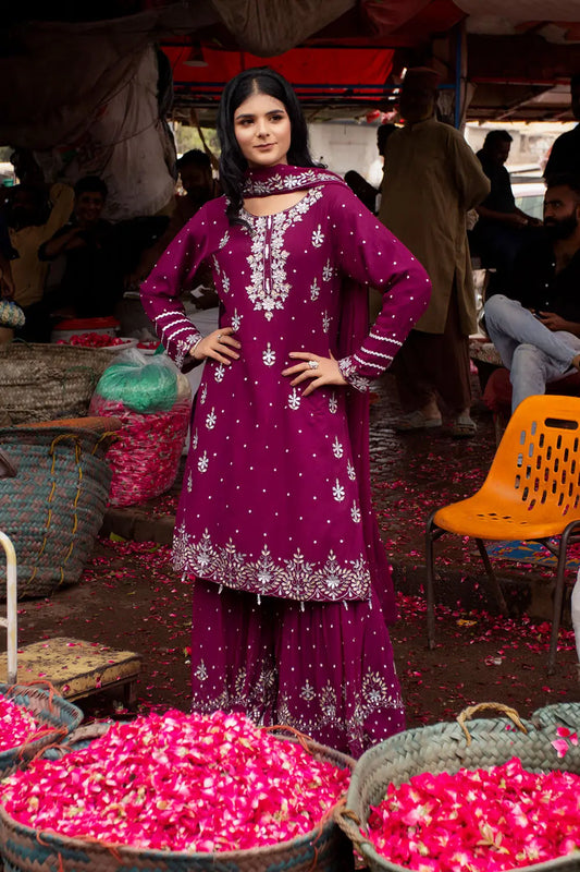 Deep Purple Embroidered Chiffon Gharara Suit