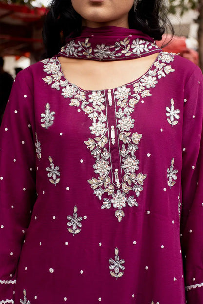 Deep purple embroidered 3-piece Pakistani suit with chiffon kurta, Malai lining, chiffon gharara and chiffon dupatta