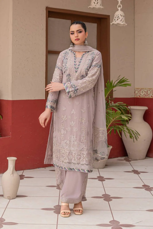 Dusty mauve embroidered 3-piece Pakistani suit featuring a straight-cut chiffon kurta with full lining, Grip palazzo trousers, and a chiffon dupatta.