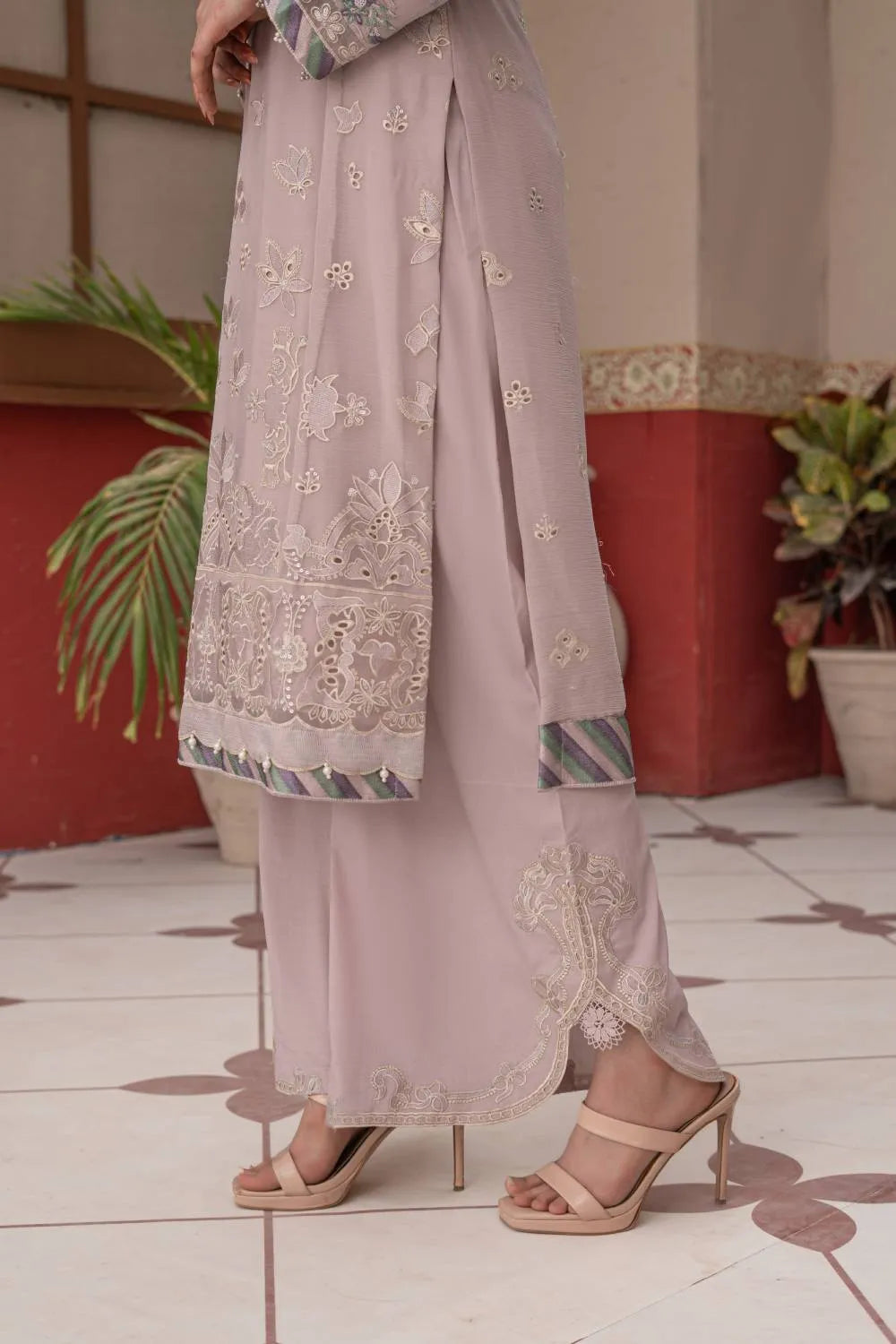Dusty mauve embroidered 3-piece Pakistani suit featuring a straight-cut chiffon kurta with full lining, Grip palazzo trousers, and a chiffon dupatta.