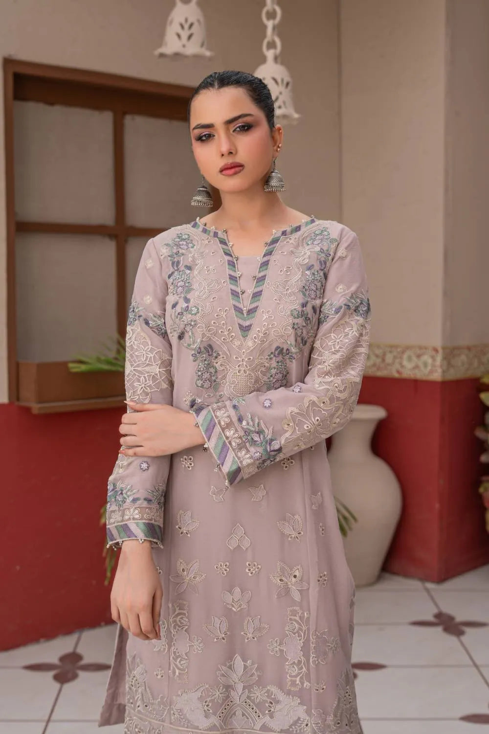 Dusty mauve embroidered 3-piece Pakistani suit featuring a straight-cut chiffon kurta with full lining, Grip palazzo trousers, and a chiffon dupatta.