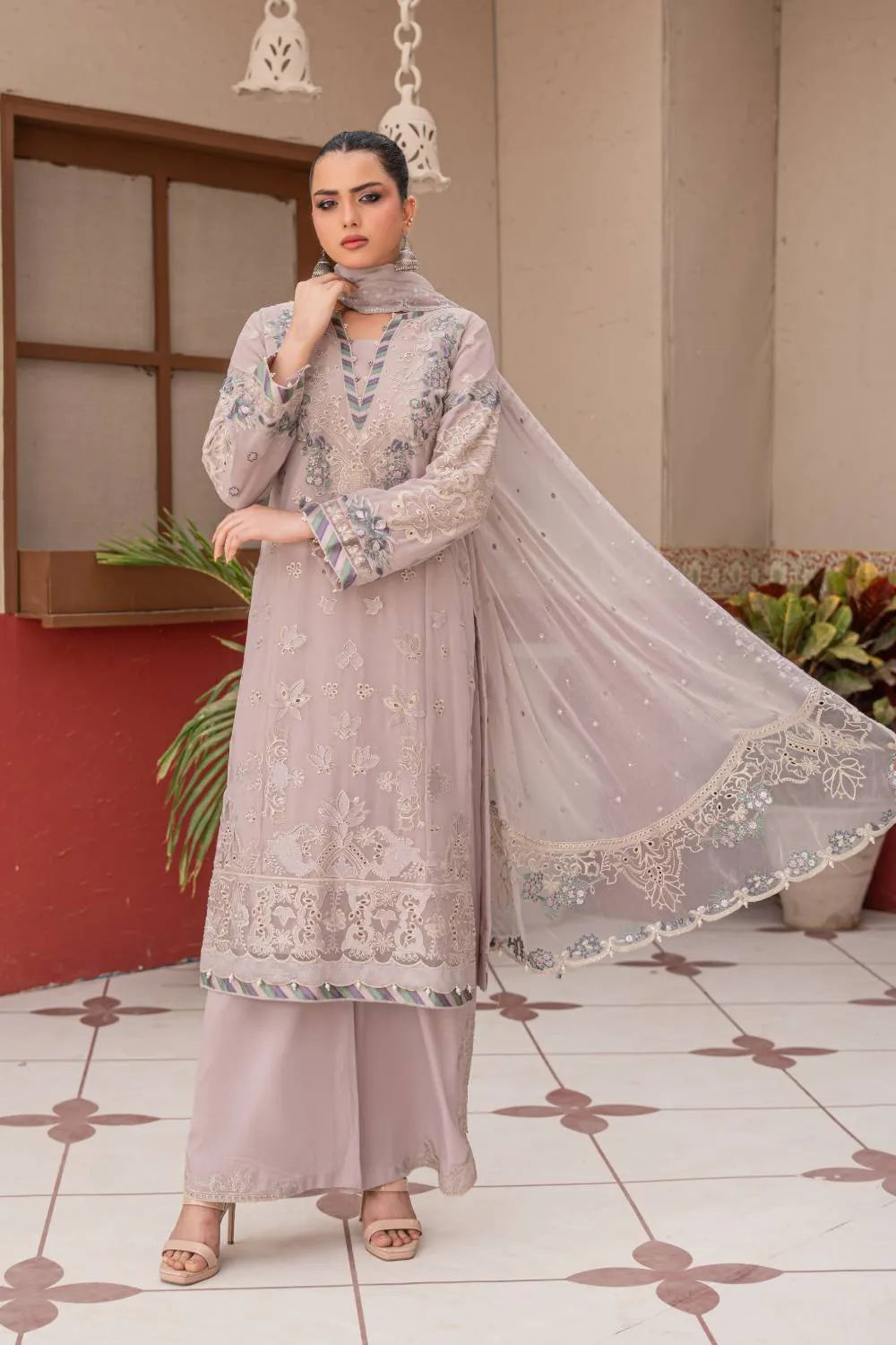 Dusty mauve embroidered 3-piece Pakistani suit featuring a straight-cut chiffon kurta with full lining, Grip palazzo trousers, and a chiffon dupatta.