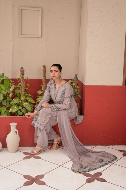 dusty Mauve | Chiffon | Embroidered | 3-Piece Suit