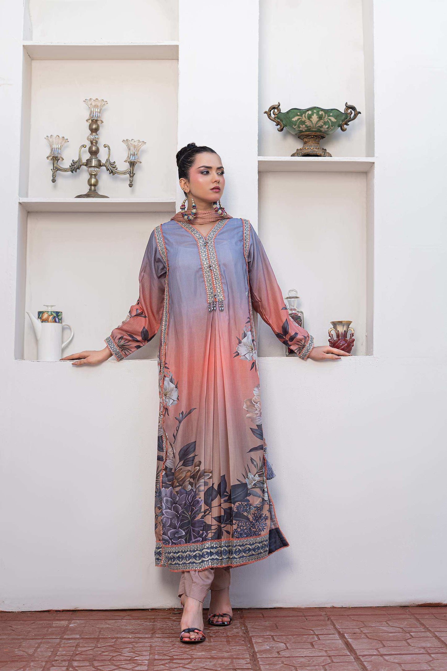 Peach pink | Chiffon | Embroidered | 3-Piece Suit