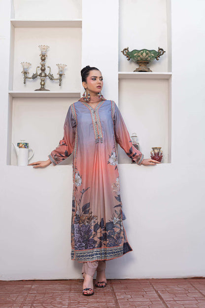 Peach pink | Chiffon | Embroidered | 3-Piece Suit