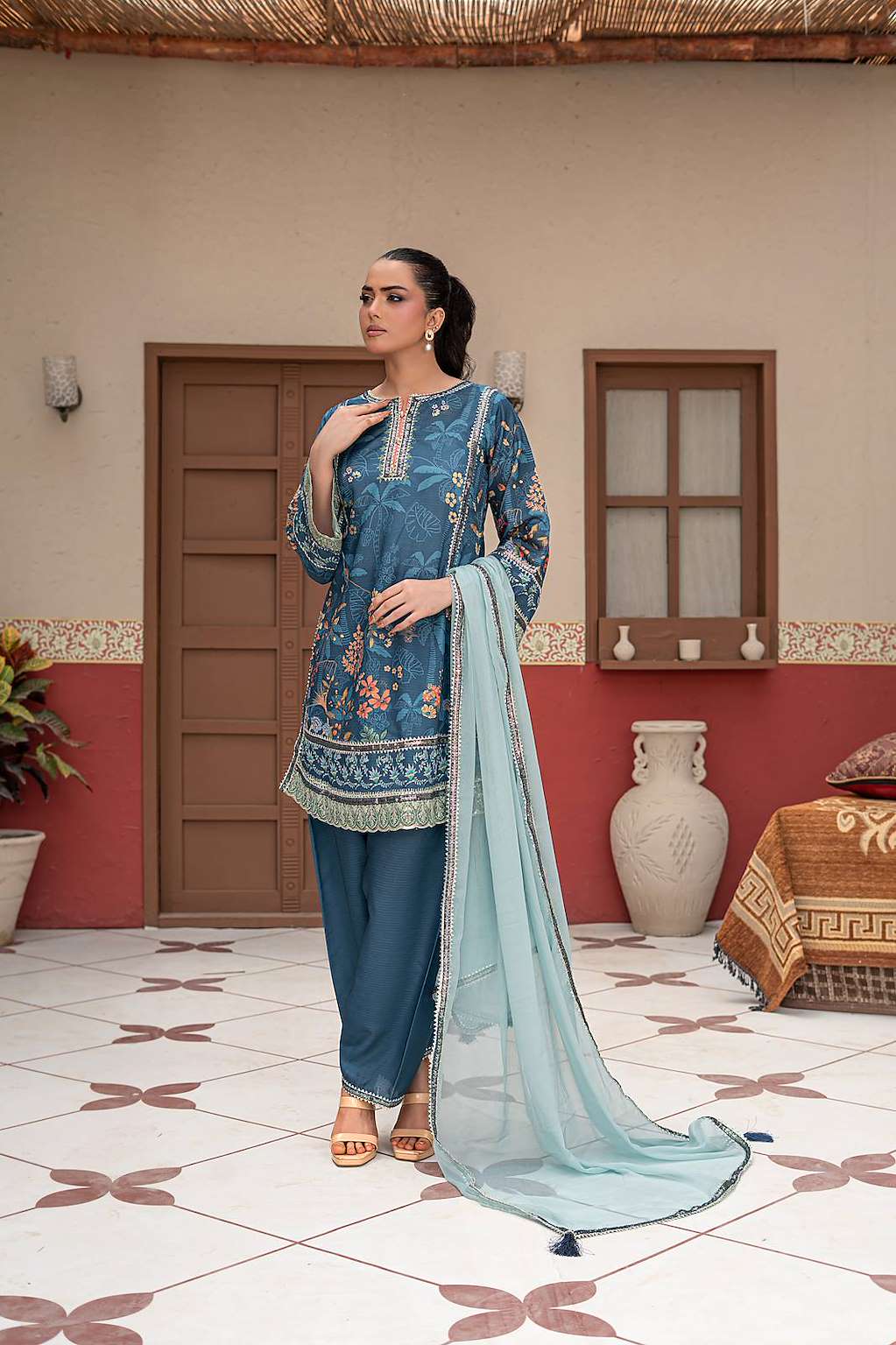 Peacock Blue | Banadora | Printed | 3-Piece Suit