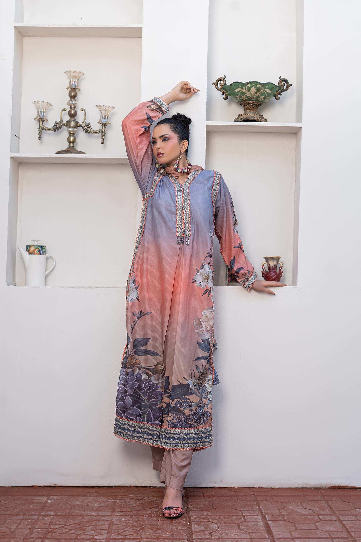 Peach pink | Chiffon | Embroidered | 3-Piece Suit