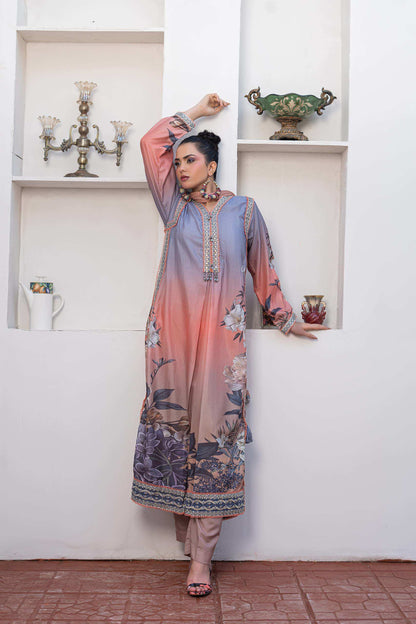 Peach pink | Chiffon | Embroidered | 3-Piece Suit