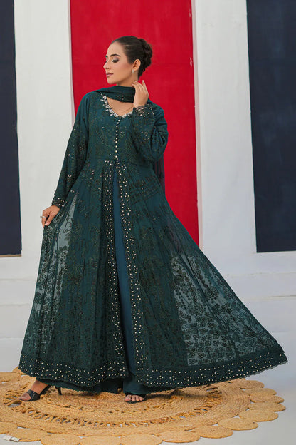 Embroidered 3-piece Pakistani suit with a chiffon frock, full Malai lining, crepe palazzo trousers and chiffon dupatta, available in C Green, Pink, Navy Blue and Olive Green
