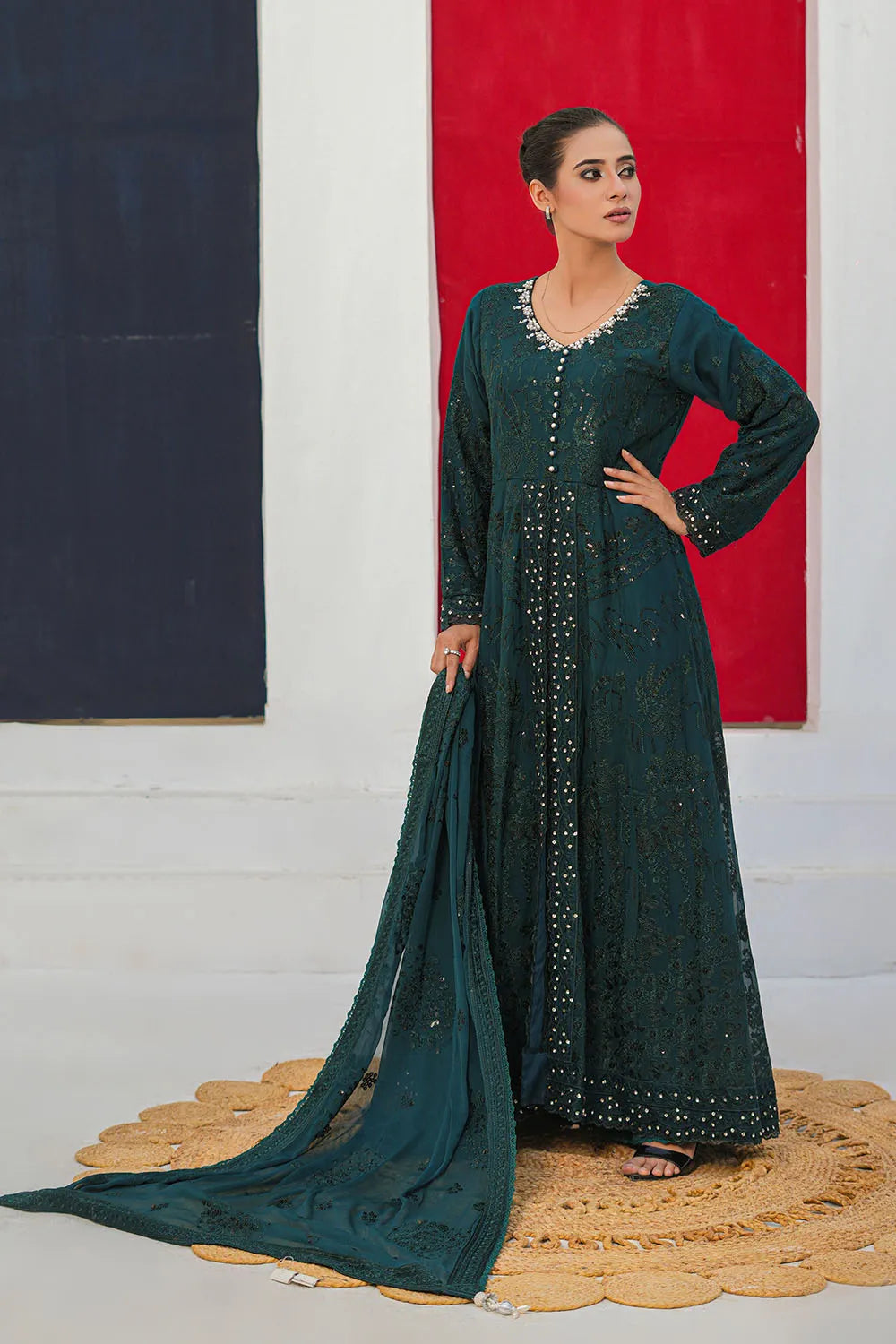 Embroidered 3-piece Pakistani suit with a chiffon frock, full Malai lining, crepe palazzo trousers and chiffon dupatta, available in C Green, Pink, Navy Blue and Olive Green