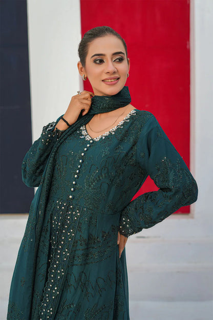 Embroidered 3-piece Pakistani suit with a chiffon frock, full Malai lining, crepe palazzo trousers and chiffon dupatta, available in C Green, Pink, Navy Blue and Olive Green