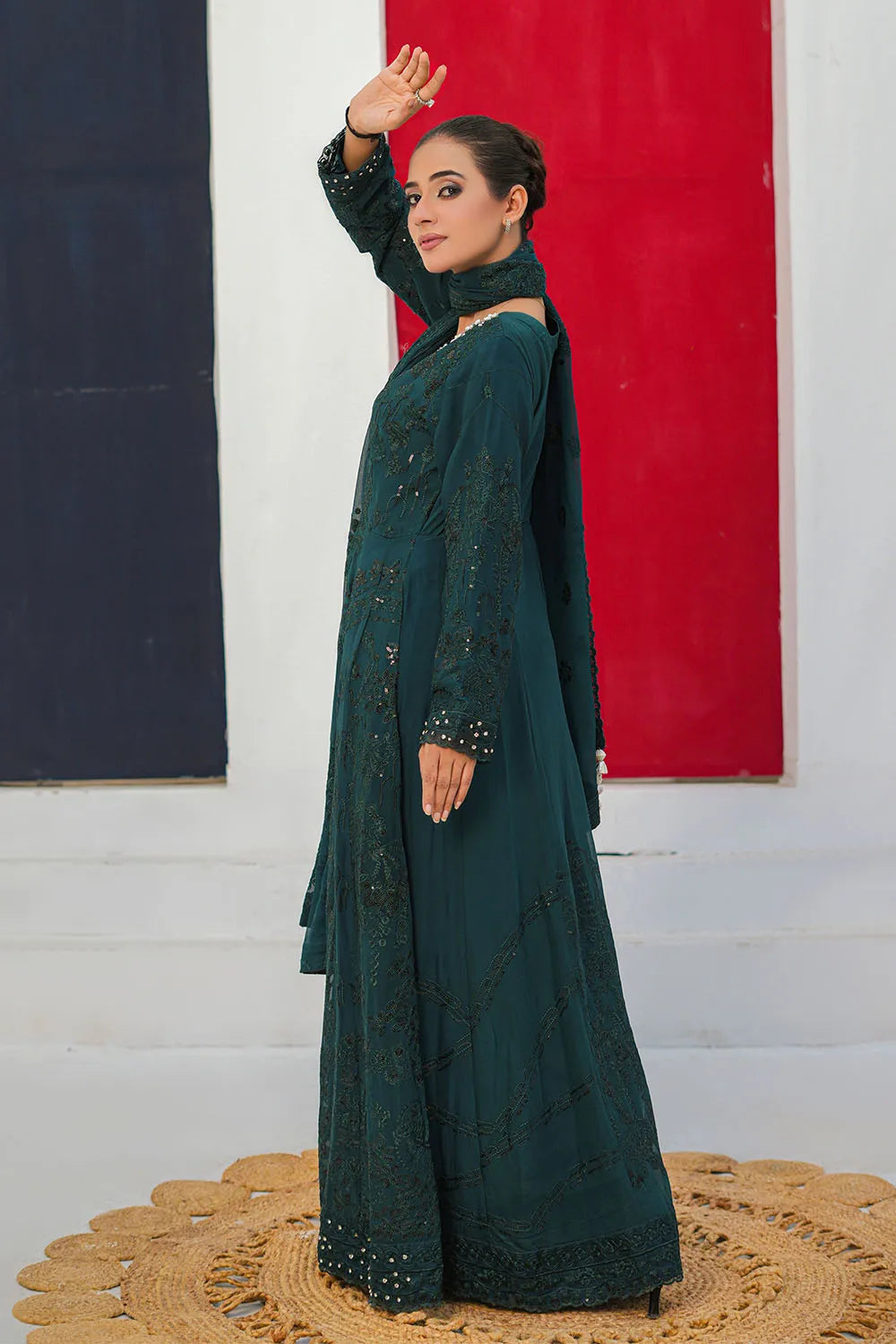 Embroidered 3-piece Pakistani suit with a chiffon frock, full Malai lining, crepe palazzo trousers and chiffon dupatta, available in C Green, Pink, Navy Blue and Olive Green