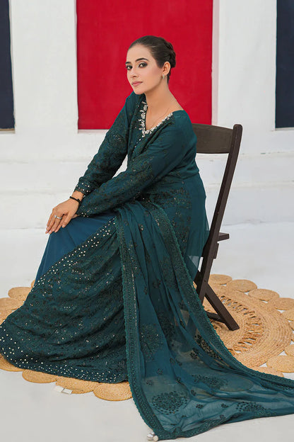 Embroidered 3-piece Pakistani suit with a chiffon frock, full Malai lining, crepe palazzo trousers and chiffon dupatta, available in C Green, Pink, Navy Blue and Olive Green