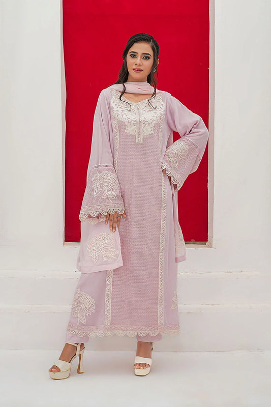 Embroidered 3-piece Pakistani kaftan suit in pink and fawn with a chiffon kaftan, Malai lining, straight Grip trousers and chiffon dupatta