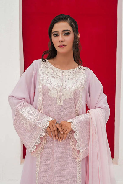 Embroidered 3-piece Pakistani kaftan suit in pink and fawn with a chiffon kaftan, Malai lining, straight Grip trousers and chiffon dupatta