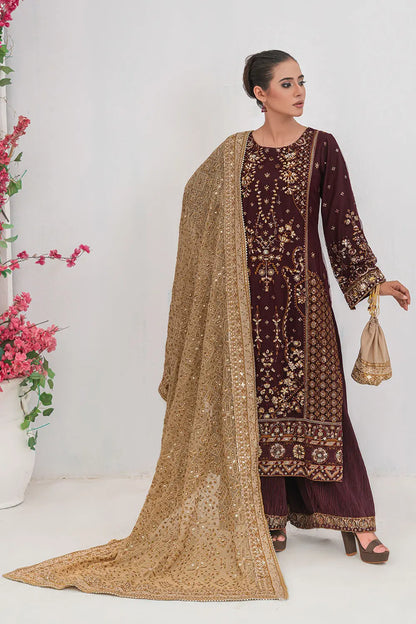 Embroidered 3-piece Pakistani suit featuring a straight-cut Kasab Net kurta, Malai lining, crushed Malai and Crepe palazzo trousers, and chiffon dupatta
