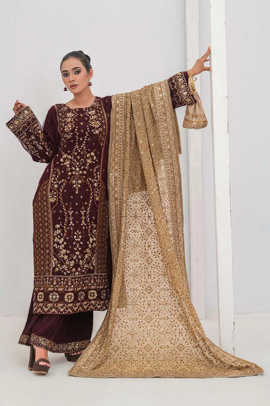 Embroidered 3-piece Pakistani suit featuring a straight-cut Kasab Net kurta, Malai lining, crushed Malai and Crepe palazzo trousers, and chiffon dupatta
