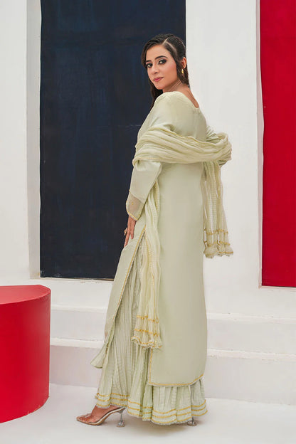 Embroidered 3-piece Pakistani suit with straight-cut Kasab Net kurta, Malai lining, crushed Malai and Crepe palazzo trousers, and chiffon dupatta