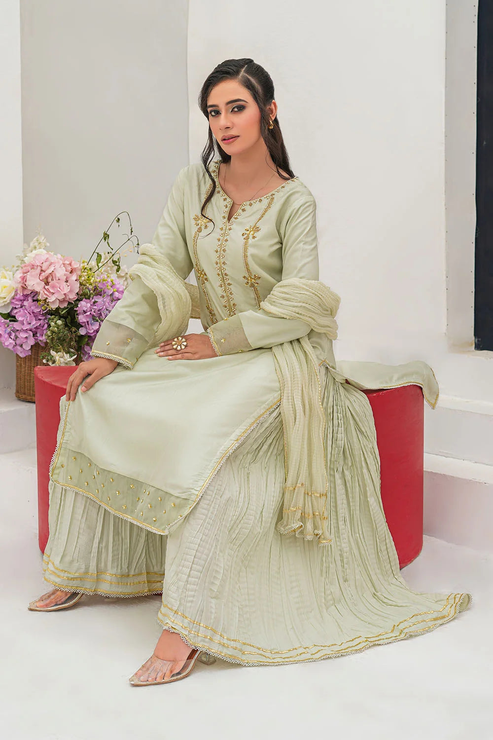 Embroidered 3-piece Pakistani suit with straight-cut Kasab Net kurta, Malai lining, crushed Malai and Crepe palazzo trousers, and chiffon dupatta