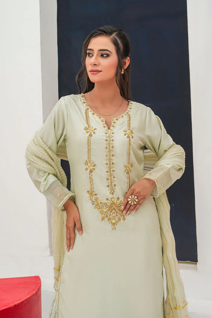 Embroidered 3-piece Pakistani suit with straight-cut Kasab Net kurta, Malai lining, crushed Malai and Crepe palazzo trousers, and chiffon dupatta