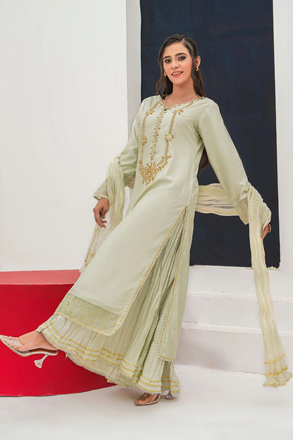 Embroidered 3-piece Pakistani suit with straight-cut Kasab Net kurta, Malai lining, crushed Malai and Crepe palazzo trousers, and chiffon dupatta
