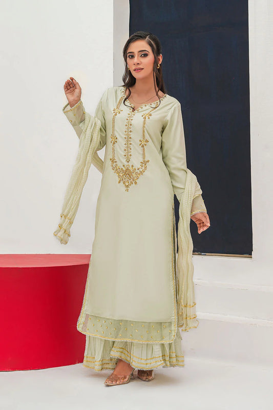 Embroidered 3-piece Pakistani suit with straight-cut Kasab Net kurta, Malai lining, crushed Malai and Crepe palazzo trousers, and chiffon dupatta