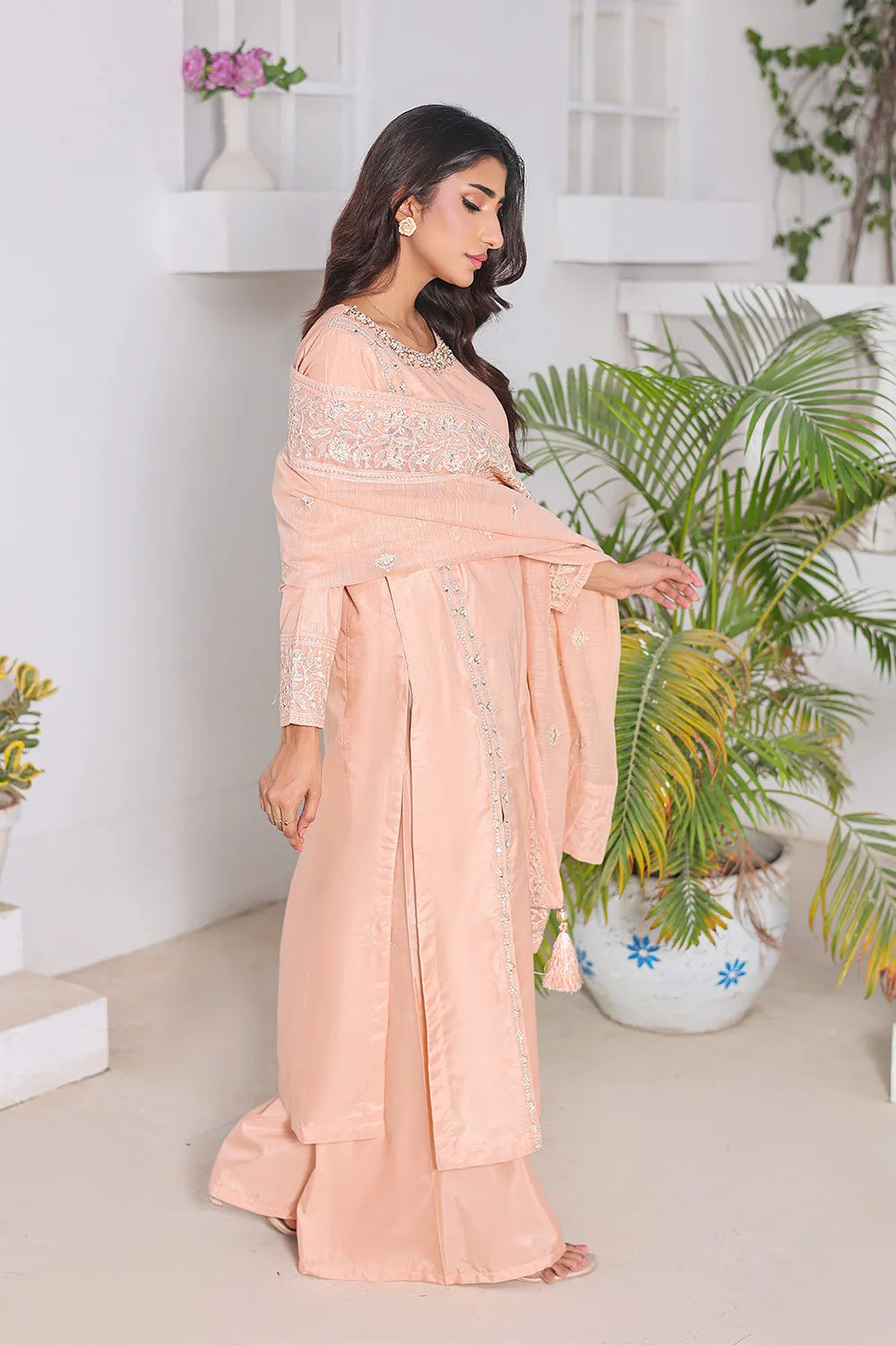 Embroidered 3-piece Pakistani suit with raw silk A-line shirt, Malai lining, raw silk palazzo and Khaddi Net dupatta
