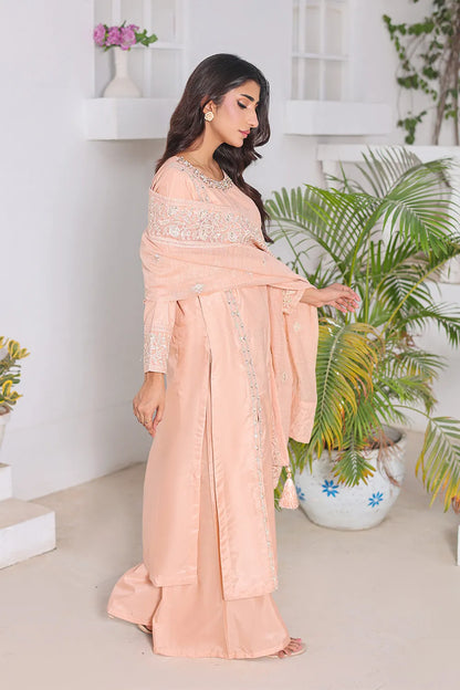 Embroidered 3-piece Pakistani suit with raw silk A-line shirt, Malai lining, raw silk palazzo and Khaddi Net dupatta
