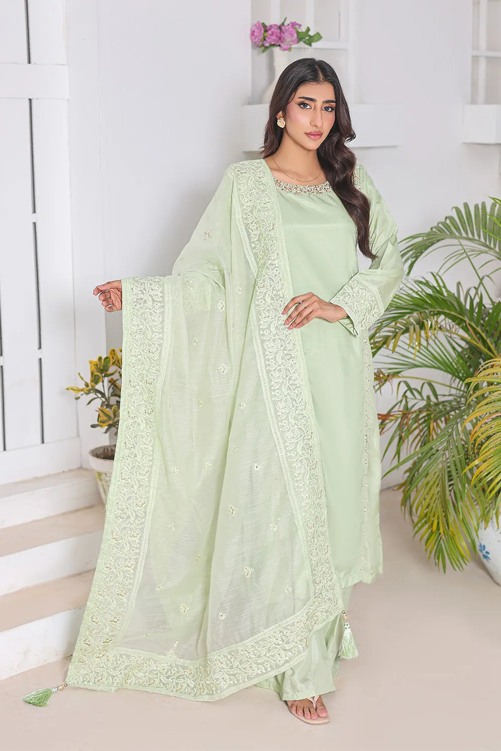 Embroidered 3-piece Pakistani suit with raw silk A-line shirt, Malai lining, raw silk palazzo and Khaddi Net dupatta