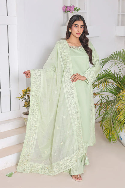 Embroidered 3-piece Pakistani suit with raw silk A-line shirt, Malai lining, raw silk palazzo and Khaddi Net dupatta
