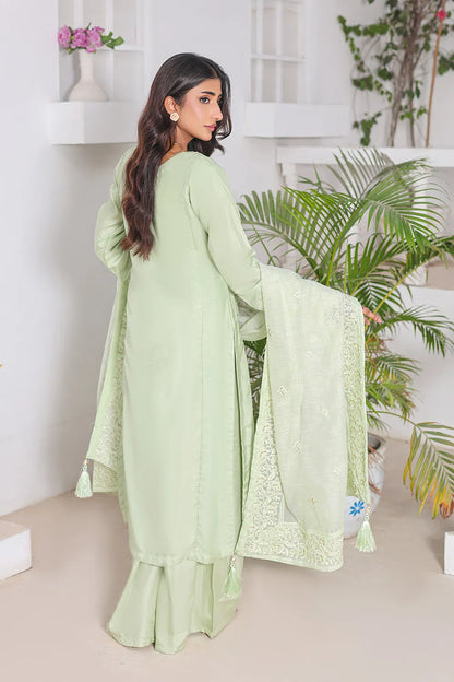 Embroidered 3-piece Pakistani suit with raw silk A-line shirt, Malai lining, raw silk palazzo and Khaddi Net dupatta