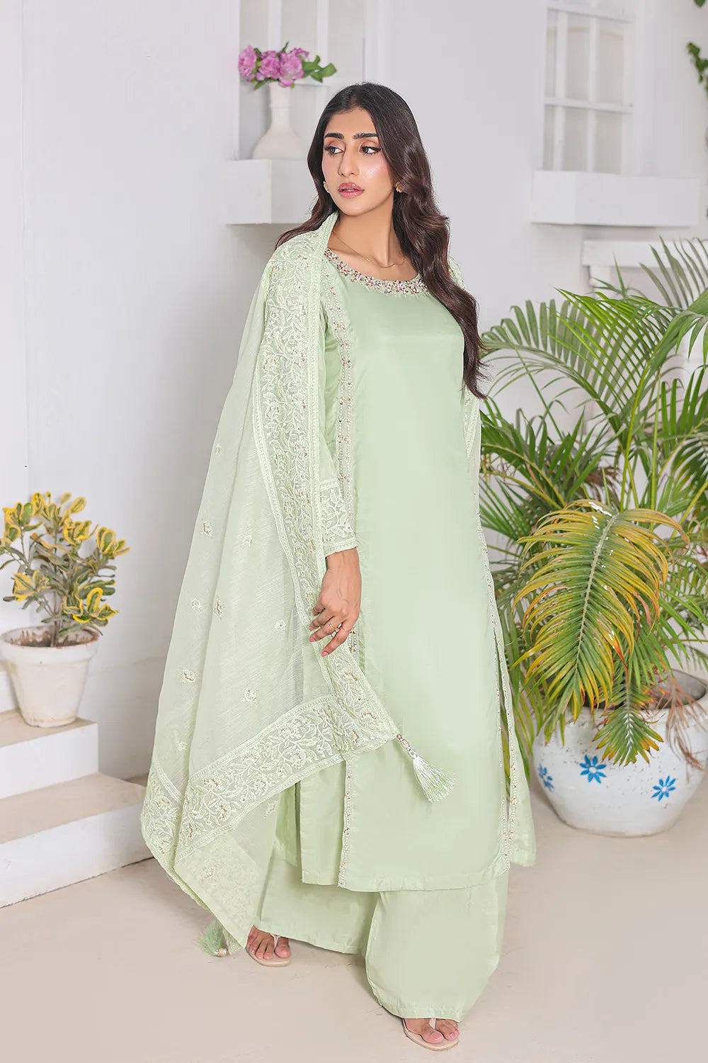 Embroidered 3-piece Pakistani suit with raw silk A-line shirt, Malai lining, raw silk palazzo and Khaddi Net dupatta