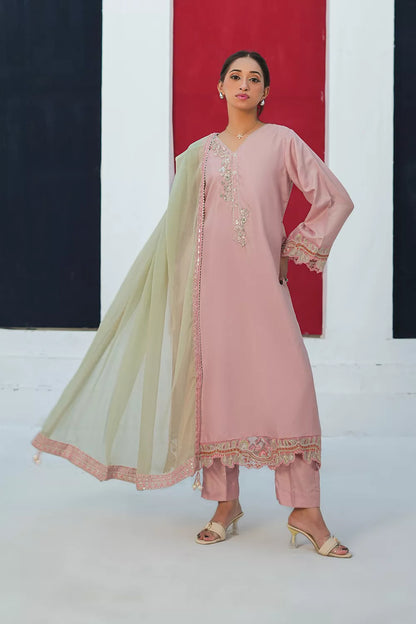 Embroidered 3-piece Pakistani suit with straight-cut Russian silk kurta, Malai lining, matching straight trousers and chiffon dupatta in Pink, Shocking Pink or Malaysian Blue